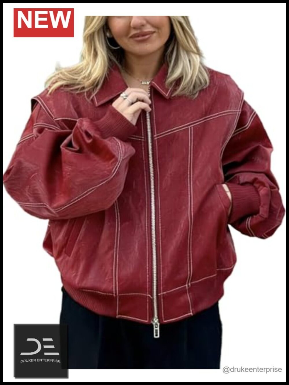 Faux Leather Moto Jacket Zip Up Oversized Boyfriend Biker Coat